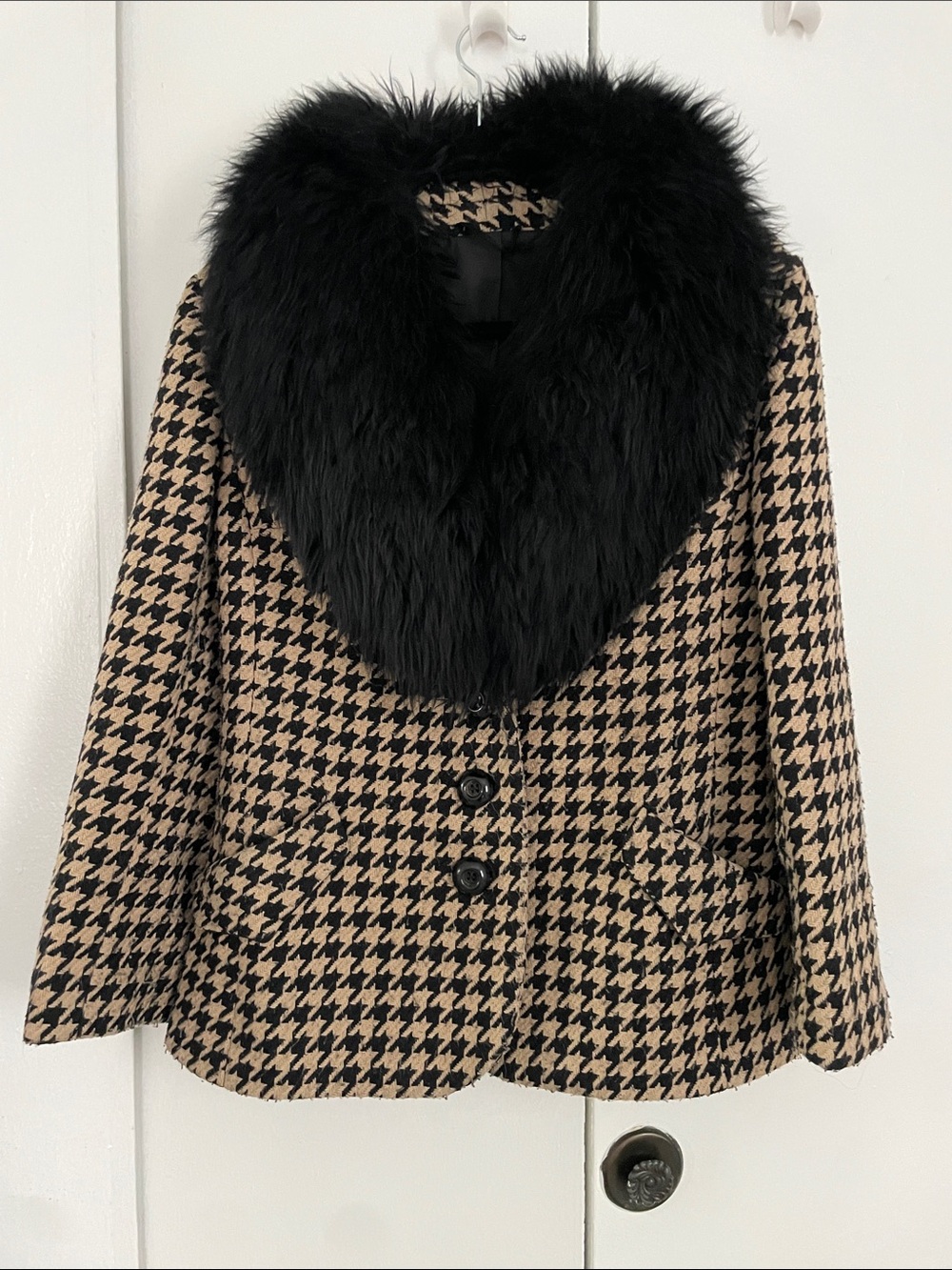 Vintage Houndstooth Faux Fur Collar Coat - Black & Tan Size 4